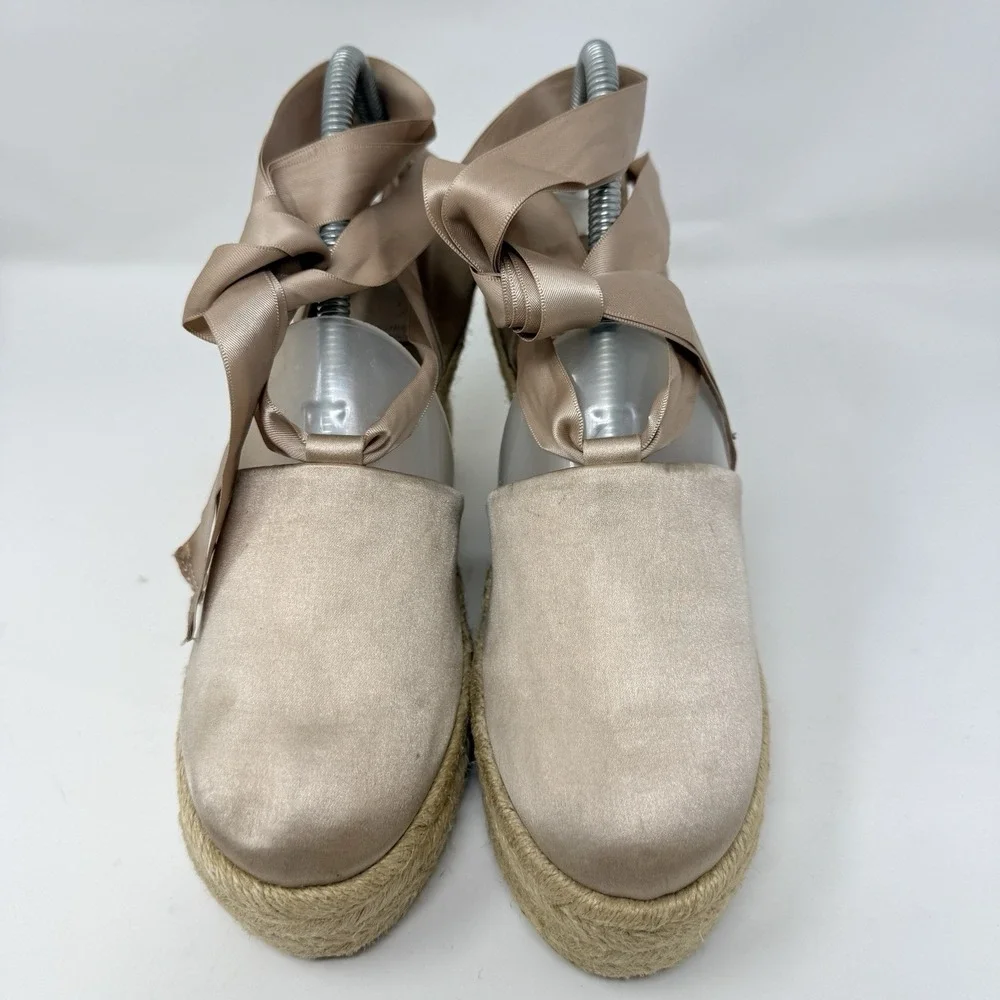 Tory Burch Elisa Wedge Satin Espadrille Soy Latte Size 8.5 Sandals Ankle Ribbon